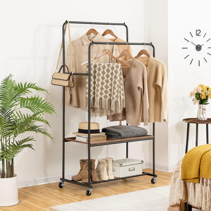 HOOBRO Clothes Rack with Wheels, Heavy Duty Clothes Rod, Garment Rack with 2 Clothes Rods and Shelf, Up to 100 kg Load Capacity, for Bedroom, Hallway, Dark Brown-Black EBF22LY01