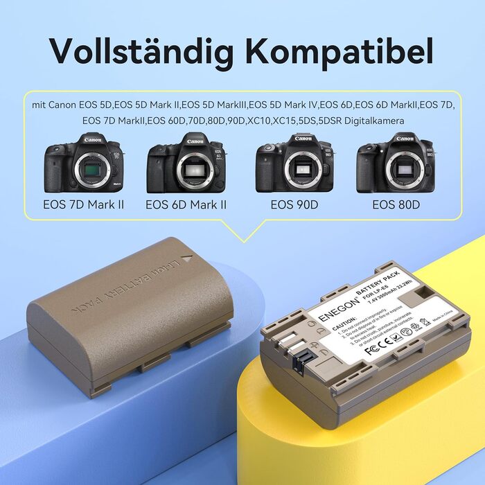 Зарядний пристрій ENEGON LP-E6/LP-E6N 20W з двома акумуляторами (2x 3000mAh) для Canon EOS 5D, 6D, 7D, 60D, 70D, 80D, 90D, XC10, XC15, з LCD-дисплеєм
