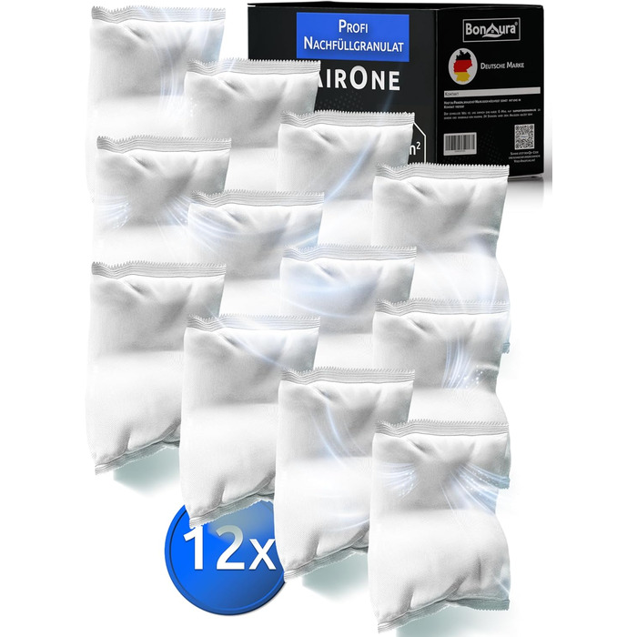 BonAura® AirOne Dehumidifier Refill Packs - 12 Pack - 680g Dehumidifier Granules - Refill Packs for Living Spaces - Protection Against Mold & Odors