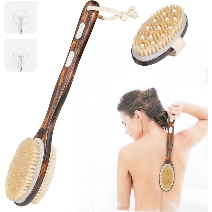Набір з 2 шт. щітки для спини та душу з довгим руків'ям, для тіла, для пілінгу, натуральна щетина, видаляє омертвілу шкіру, зменшує целюліт, покращує лімфодренаж