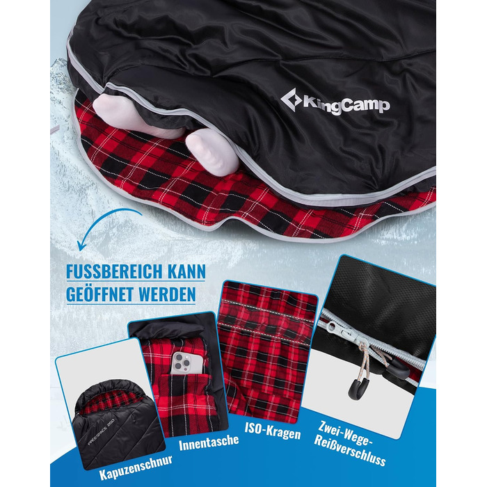 Спальний мішок KingCamp XXL з бавовняного фланелі для дорослих, зимово-літній ковдувальний спальник, чорний, 220x100 см