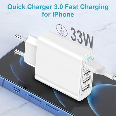 Багатопортовий зарядний пристрій USB з Quick Charge 3.0, 33W, 4 порти для iPhone 16/15/14/13/12/11/X, Samsung S24/S23/S21 та смартфонів