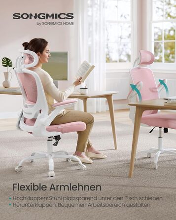 Офісне крісло SONGMICS з ергономічною спинкою, сіткою, підтримкою попереку та голови, функцією гойдання, сидінням 53 см, відкидними підлокітниками, для офісу та спальні, студентів, OBN37BK (Bonbon-рожевий, повна спинка)