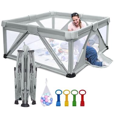 Foldable baby playpen, Heyo. Yes, large playground, baby and toddler playpen, play fences for babies and toddlers with gate, portable play yard for indoor and outdoor use (120 x 120 x 68 cm)