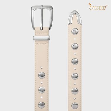Жіночий шкіряний ремінь JASGOOD з золотою пряжкою, вінтажний панк-рок ремінь, модний ремінь з шипами для джинсів та повсякденного носіння, 130 см: для розміру 105-114 см (Бежевий, 110 см: для розміру 78-92 см)