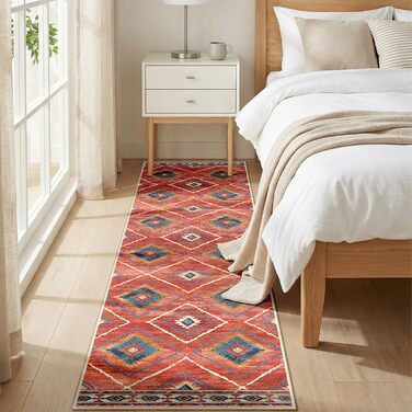 Килимок-довгий килим для коридору, кухні, з антиковзаючою основою, коротким ворсом, пральний, складаний, у стилі бохо – для коридору, кухні, вітальні та офісу, чорно-білий (60 x 240 см, червоний)