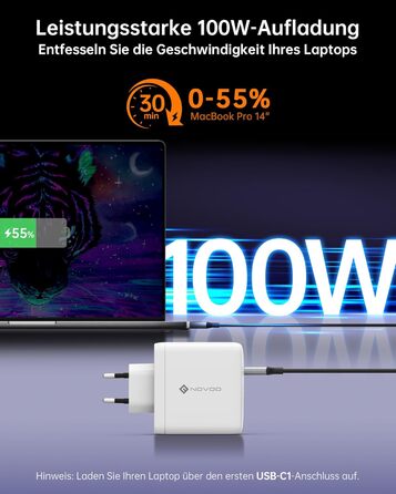 Зарядний пристрій USB-C 120W NOVOO GaN III 3-порти, кабель USB-C PD 100W для MacBook Pro 14