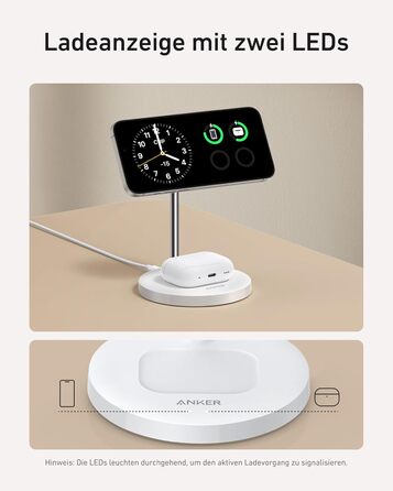 Anker MagGo 15W Magsafe зарядний пристрій: 2-в-1 індукційна станція, Qi2 бездротовий заряд для iPhone 16/15/14/13/12, AirPods Pro, з USB-C кабелем 1.5м, без адаптера живлення