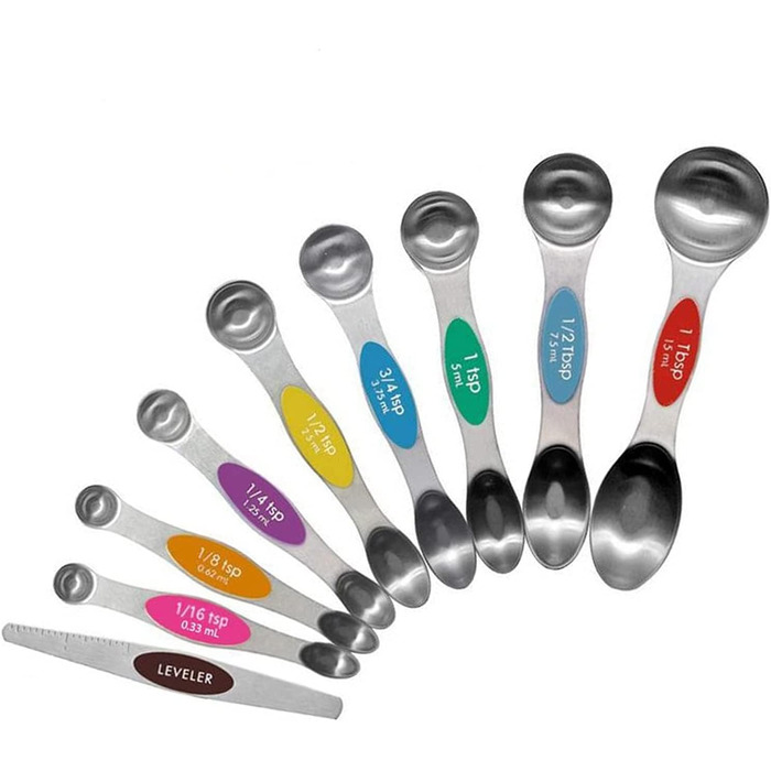 FBHappiness 9-Piece Measuring Spoon Set, Magnetic Double-Sided Teaspoon and Tablespoon Stainless Steel, Stackable, Suitable for Various Spice Jars and Measuring Cups.