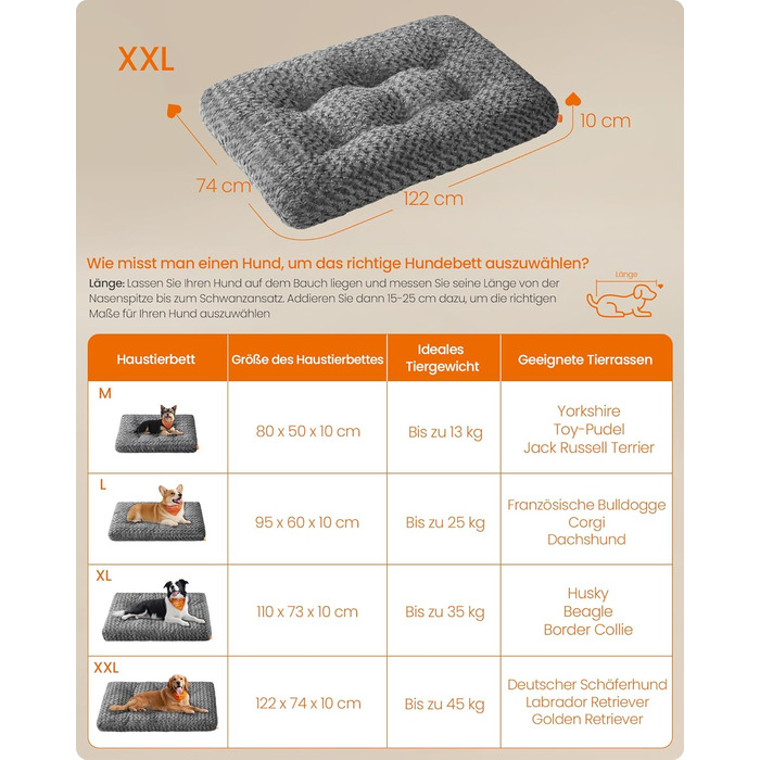 Ліжко для собак Feandrea XL, м'яка подушка для великих собак, 110 x 73 см, сірий колір, зручне та миється, антиковзаюча підкладка, PGW293GN01