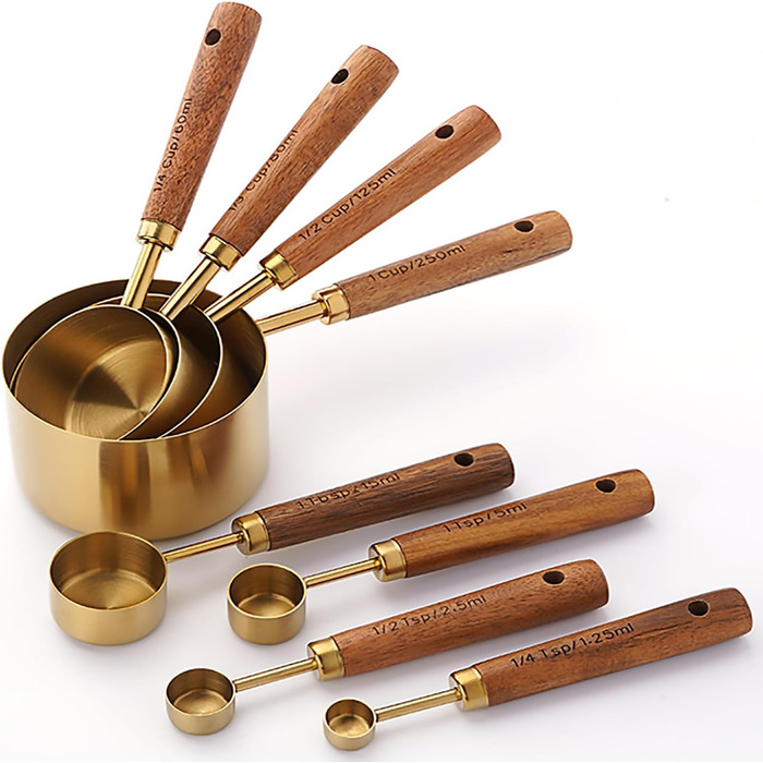 Dadamong 8-Piece Measuring Cup Set with Gold-Colored Stainless Steel Measuring Cups and Spoons, Ideal for Cooking and Baking