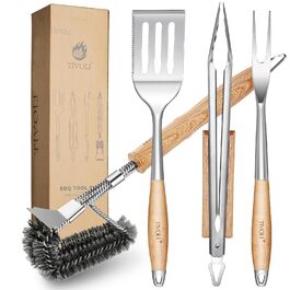 Набір гриль-посуду TIVOLI 4-частини з нержавіючої сталі з безпечними дерев'яними ручками (щипці, лопатка, щітка, виделка)