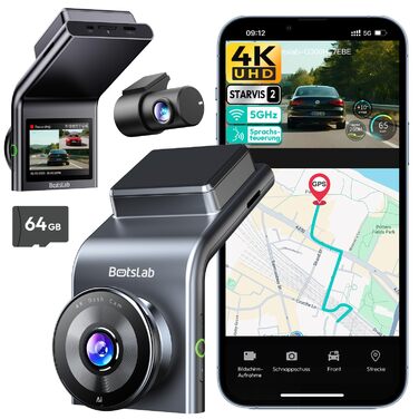 Автомобільний відеореєстратор BOTSLAB G300H Plus 4K Dual-Channel (передня та задня камери), сенсор STARVIS 2, WDR, GPS, 5GHz Wi-Fi, голосове керування, карта пам'яті 64GB, нічний режим