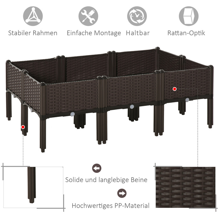 Outsunny Raised Garden Bed 6-Piece Planter Box Rattan-Look with Drainage Holes DIY Brown 40x40x44cm for Garden & Balcony