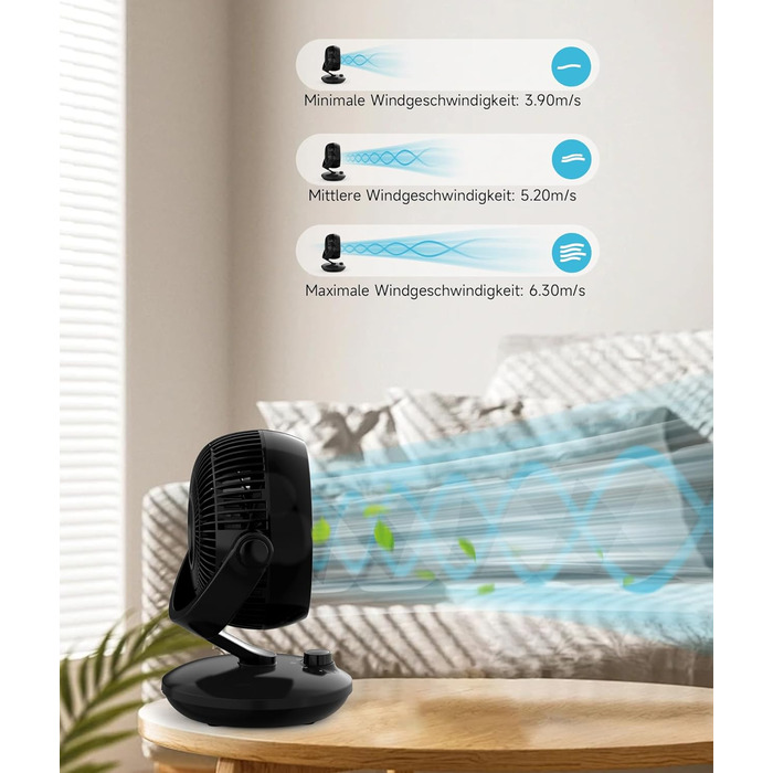 WOWDSGN Вентилятор для дому: тихий настільний циркулятор повітря 24dB, 3 швидкості, 100°/80° осциляція, чорний Xd-1586fc
