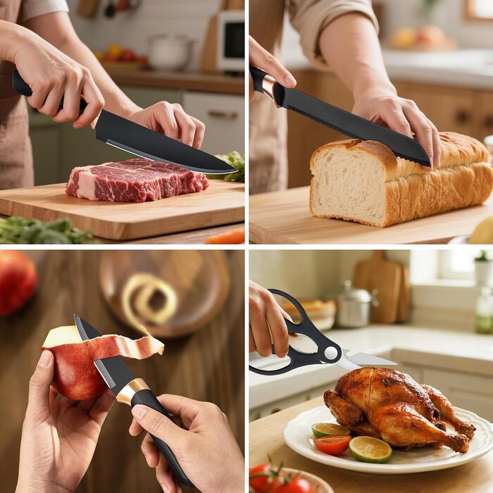 Набір ножів кухонний 6 предметів з блоком, нержавіюча сталь, білий