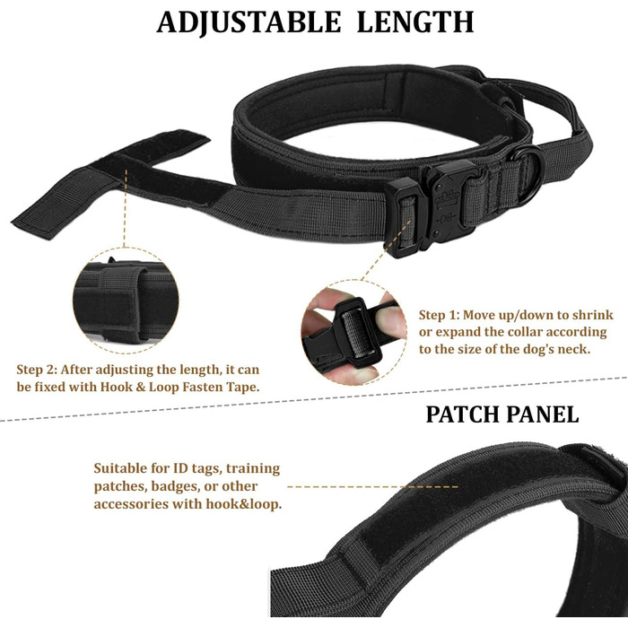Тактичний нашийник для собак з ручкою та поводок, військовий стиль, м'яке наповнення, нейлон, регульований, середні та великі породи, чорний XL