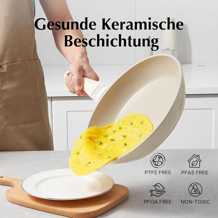 Redchef 28cm Ceramic Non-Stick Frying Pan with Lid - Induction Compatible, Durable, PTFE, PFOA & PFAS Free (Beige)