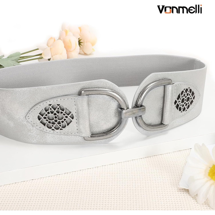 Жіночий ремінь VONMELLI Vintage з широкою талією та товстою пряжкою. Еластичний широкий ремінь для суконь та пальто (Срібло, XXL: обхват талії 119-150 см)