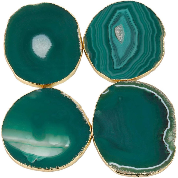 mookaitedecor Polished Natural Geode Agate Slices Coasters Set (2 Pieces), Decorative Stone Coasters for Glasses, Cups, Vases, Candles, Serving Plates, Name Cards for Wedding (Green-gold plated rim)