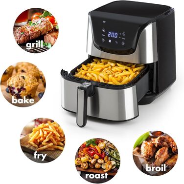 Klarstein Aero Vital deluxe - Hot Air Fryer, Deep Fryer, 1700 Watts, 5.4 Liter Volume, LCD Touch Display, 8 Pre-installed Programs, Stainless Steel, Thermostat, Timer, Energy-Saving, Silver Stainless Steel Hot Air Fryer