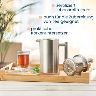 Френч-прес 600 мл з нержавіючої сталі, з підігрівом, 3 фільтри, пробка-підставка, для миття в посудомийній машині, преміум-якість, двостінний, срібний