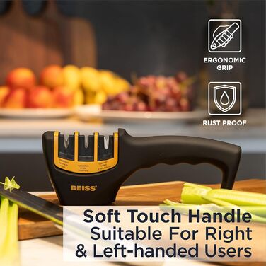 Deiss PRO 3-ступеневий точило для ножів кухонних та кишенькових - професійний точило для ножів шеф-кухаря, мисливських та керамічних - безпечне відновлення та полірування гострих лез (ORANGE)