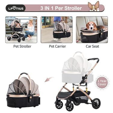 3 в 1 Візок для собак з знімним сидінням для подорожей, переноска для собак, складаний, візок для домашніх тварин для дітей до 25 кг, Рожевий, Шампань, 25 кг