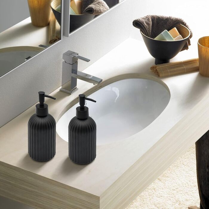 Набір з 2 скляних дозаторів для мила з помпою, 400 мл, для мила, шампуню, лосьйону, багаторазові, для кухні, ванної, пральні (чорний)