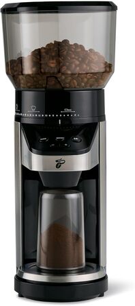 Електрична кавомолка Tchibo з вбудованими вагами, з нержавіючої сталі, конічні жорна, 26 ступенів помолу, чорно-срібна