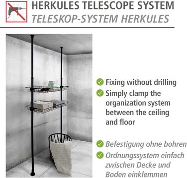 WENKO Telescopic Wardrobe System Hercules Basic (Black, Bundle with Hercules Basket, 2-Piece Set)