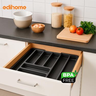 Органайзер для столових приборів Edihome в шухляду, розширюваний, 6-8 відділень, чорний, без BPA