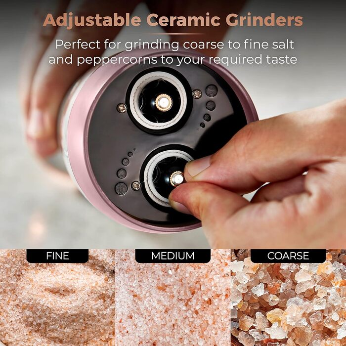 Електричні мельниці для солі та перцю Tower, рожево-золоті, з регульованими керамічними жорнами, T847004PNK Marshmallow Pink