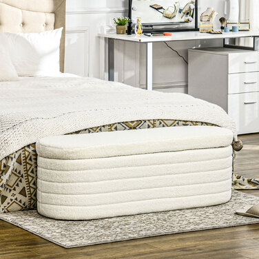 HOMCOM Bedroom Bed Bench with Storage and Wooden Legs, High Stability, Teddy Fleece, 120 kg Load Capacity, 116x41x40.5 cm, Cream White