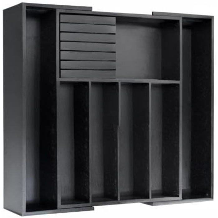 VaeFae Bamboo Cutlery Drawer Organizer Kitchen, Expandable Utensil Organizer with Knife Block, Cutlery Box with Divider, Multifunctional Wooden Drawer Organizer (Black).