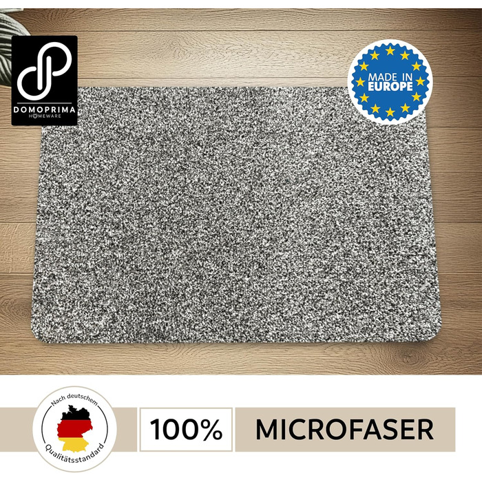 Килимок для дому DOMOPRIMA з мікрофібри, миючий, неслизький, надзвичайно поглинаючий, плоский, антибактеріальний, для внутрішнього та зовнішнього використання (60x40 см), сірий, 50 x 75 см (прямокутний)