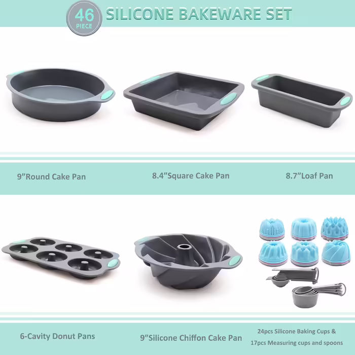 51-Piece Silicone Baking Molds Set, Non-Stick Kitchen Baking Molds, Silicone Cake Molds with Muffin Tin, Cookie Baking Sheet, Cake Pan, Donut Pan, and Loaf Pan (46 Pcs Bakeware Sets)