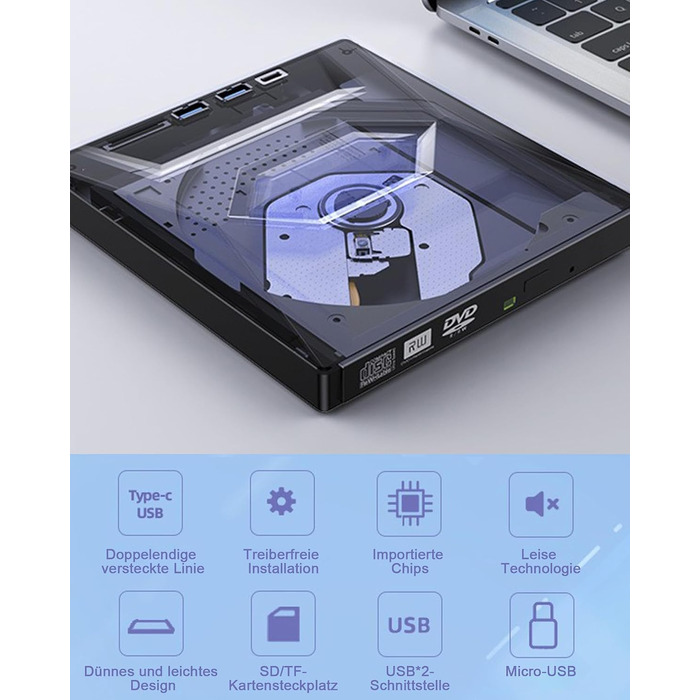 Зовнішній CD/DVD привід для ноутбука та ПК USB 3.0 & Type-C, DVD-RW записувач з картридером SD/TF та USB-хабом для Windows, Linux, Vista
