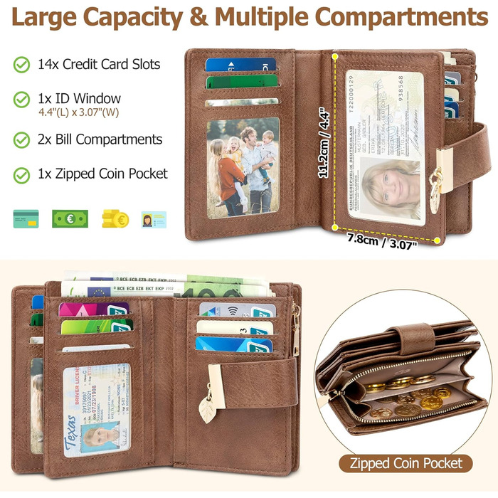 WACCET Wallet for Women Small, Ladies Purse RFID Blocking PU Leather Large Capacity Wallet with 14 Card Slots and Zipper Coin Pocket Small Wallet for Women