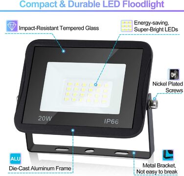 LED Floodlights Outdoor, Pack of 5, IP66 Waterproof Floodlights for Indoor and Outdoor Use, 8500LM Super Bright Outdoor Lights, 120 Degree Outdoor Lighting 6000K Cold White Spotlights Floodlights (Pack of 2, 20W)