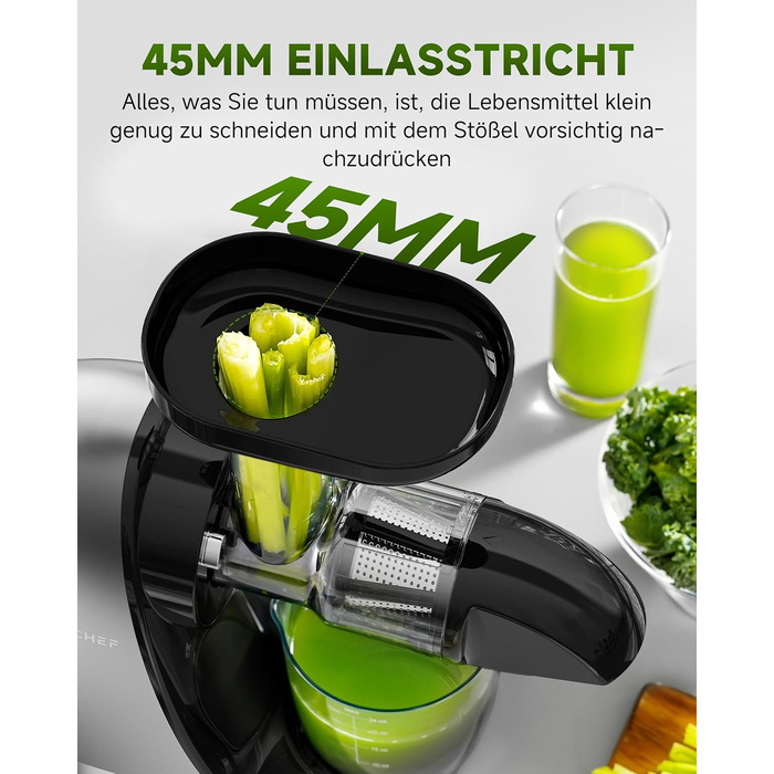 Електричний соковичавник AMZCHEF для овочів та фруктів - Slow Juicer з функцією реверсивного подрібнення, без фільтру, з щіткою та 2 чашками, сріблястий (30x19.6x30 см)