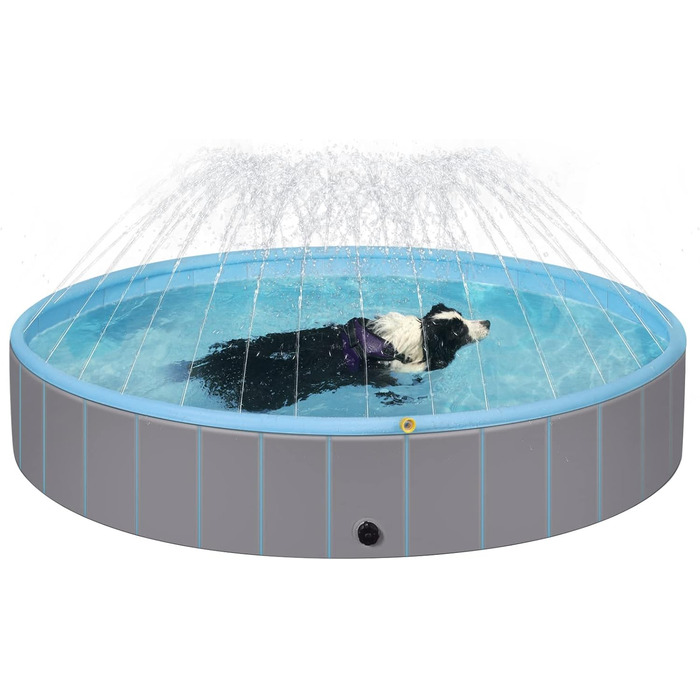 EUGAD Splash Pool for Medium-Sized Dogs, Foldable Dog Pool, Non-Slip Dog Bathtub, Water Pool with Sprinklers, Light Blue and Light Gray, 120x30cm 0018GYYC