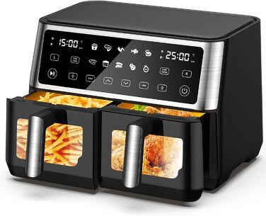 Аерофритюрниця з двома камерами і вікном, 10 л, Dual Zone XXL, 10 програм, сенсорний екран, таймер, енергозберігаюча, фритюрниця без олії