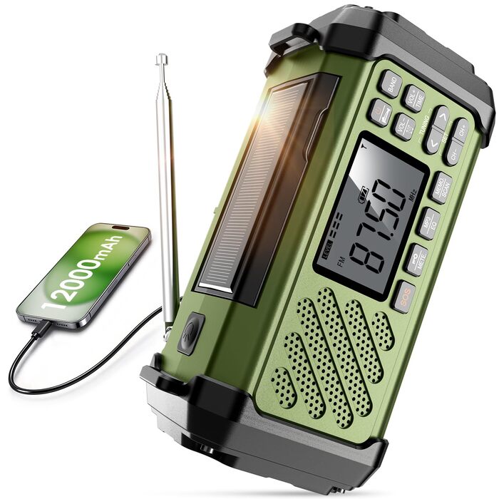 Радіо на механічній ручці Vikeri 12000mAh з сонячною панеллю, AM/FM/SW, LED ліхтарик, SOS сигнал, компас, USB-C зарядка для телефону, портативне радіо для надзвичайних ситуацій (Зелений)