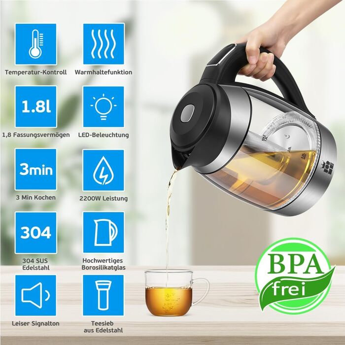 Електричний чайник FOR ME Glas з ситом, 1.8L, регулювання температури 40-100°C, 7 кольорів LED, підтримання тепла, без BPA