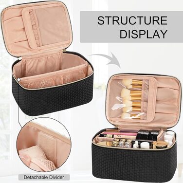 Жіноча косметичка для подорожей, водонепроникна, з відділенням для пензликів, з PU шкіри, велика, органайзер, косметичка для макіяжу (Хвилястий зелений, Елегантний чорний)