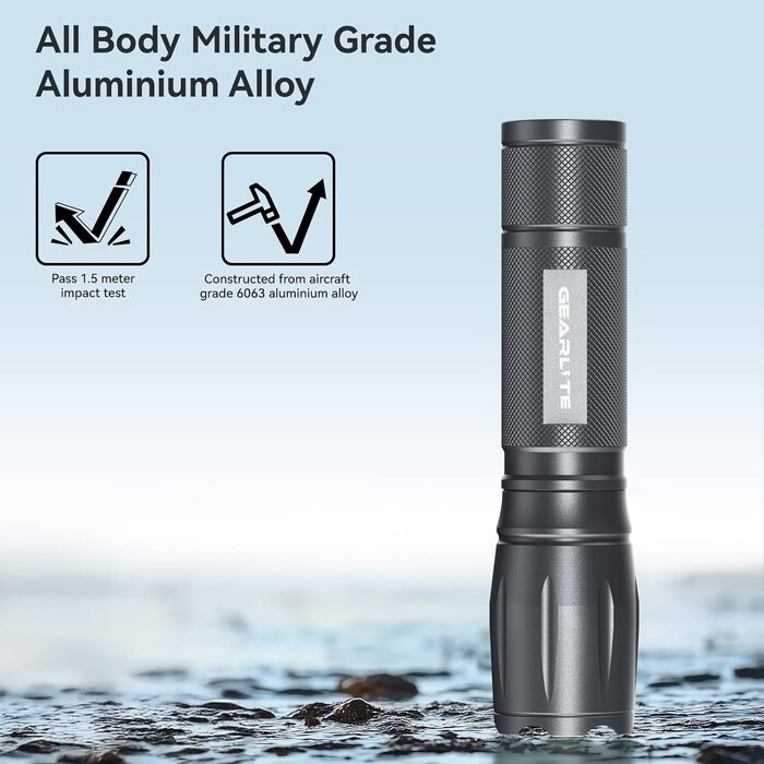 LED ліхтарик Gearlite 2 шт., 2000 люмен, 5 режимів, водонепроникний IP65, для кемпінгу, туризму, дітей, невідкладних ситуацій (сірий)