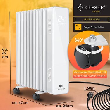 KESSER® 2500W Oil Radiator Mobile Electric Heater – Energy-Saving with WiFi App Control & LED Touch Display Remote Control Oil Radiator Heater Electric 11-Rib Radiator 24h Timer Overheat Protection White