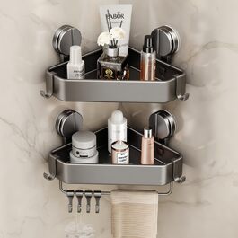 Поличка для душу без свердління, кутова поличка для ванної кімнати з присосками, корзина для душу з тримачем для рушників та знімними гачками (2 шт., сіра)