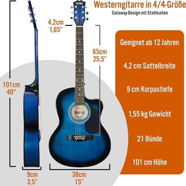 Акустична гітара 3rd Avenue 4/4 з вирізом, для початківців – комплект з чохлом, ремінком, медіаторами та запасними струнами, колір натуральний